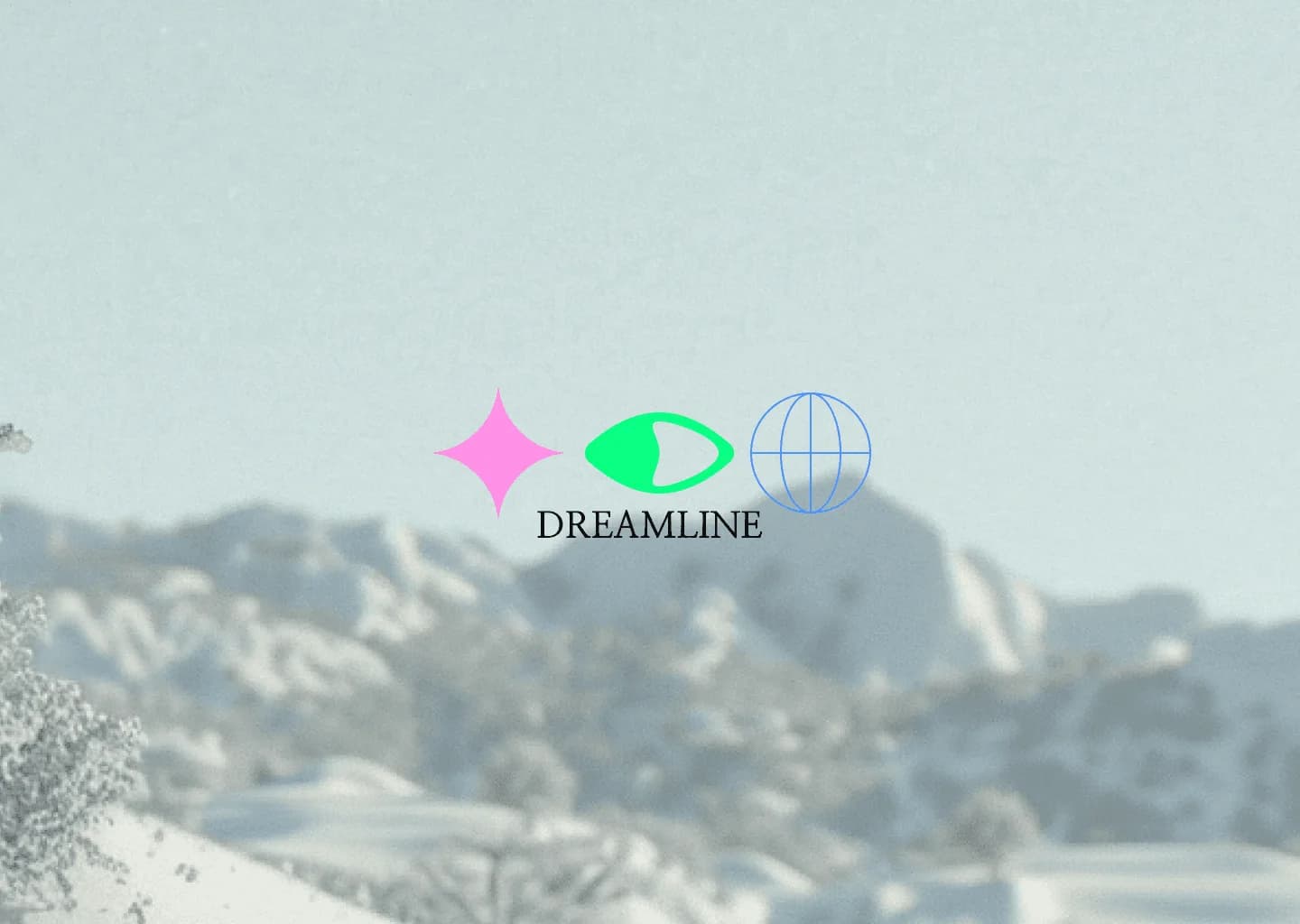 The Dreamline emblem, a pink star, a green eye and a blue wireframe globe, over a misty mountain range.