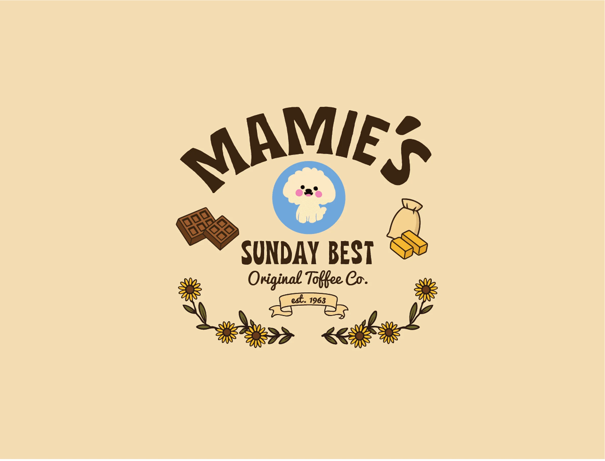 The Mamie's Sunday Best Original Toffee Co. logo, brown arched lettering around a Bichon in a blue circle, with chocolate, butter and sunflowers.