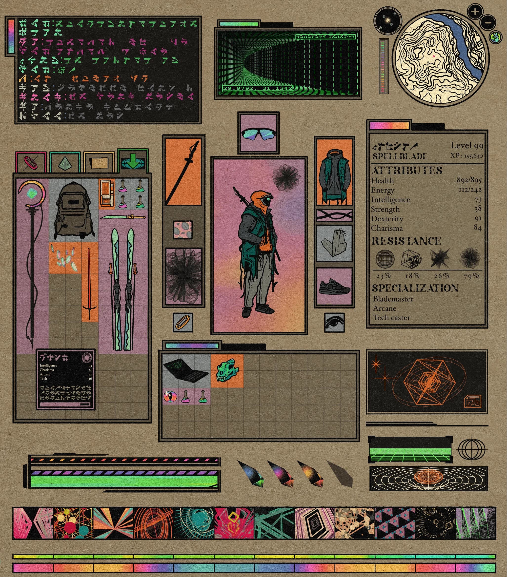 An Evershift character sheet, a cloaked explorer surrounded by relic weapons, schematics and stat panels on aged paper.